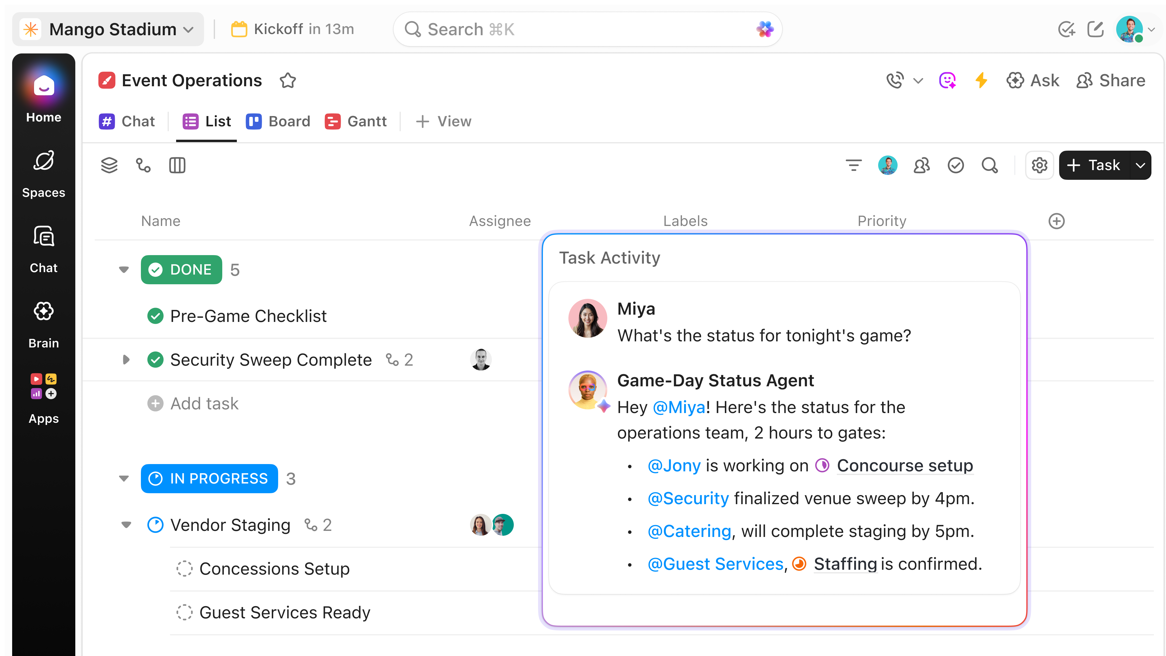clickup for stadium venue operations