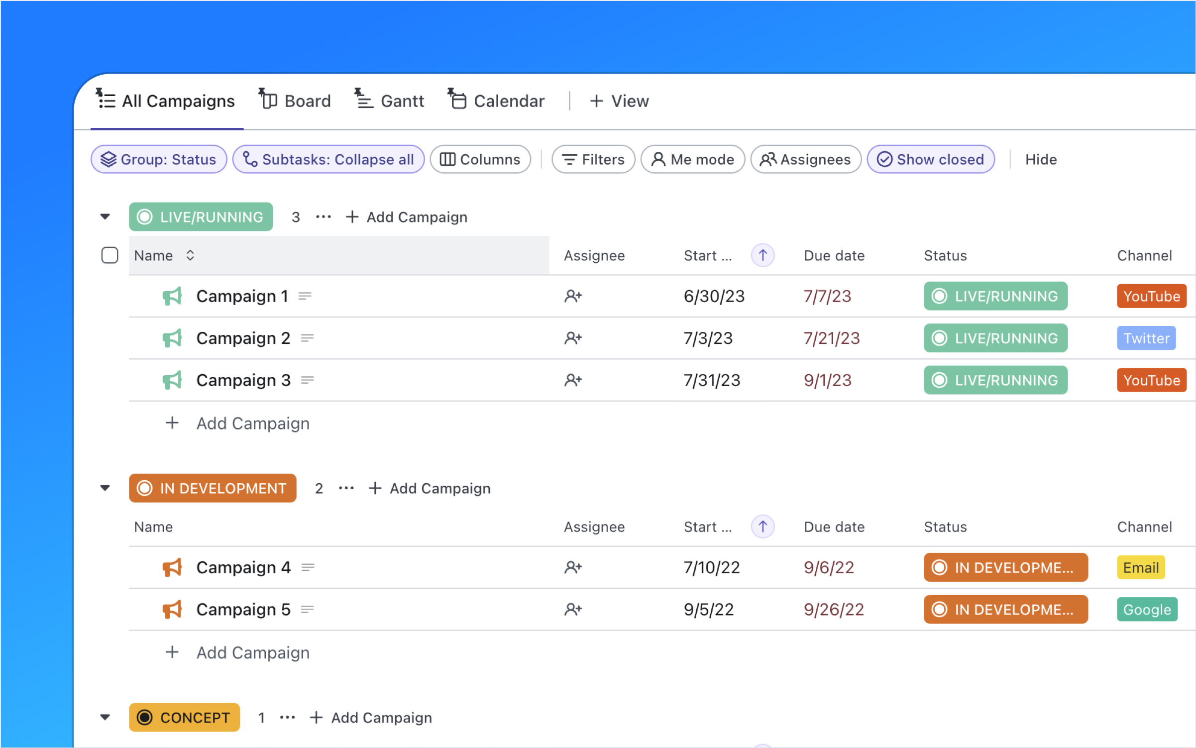 Quick Start templates are designed to help you get up and running with ClickUp faster. This one features a marketing plan, campaigns, content calendar, asset library, and a team wiki to foster knowledge sharing. Achieve marketing success and enhance your brand's impact today!