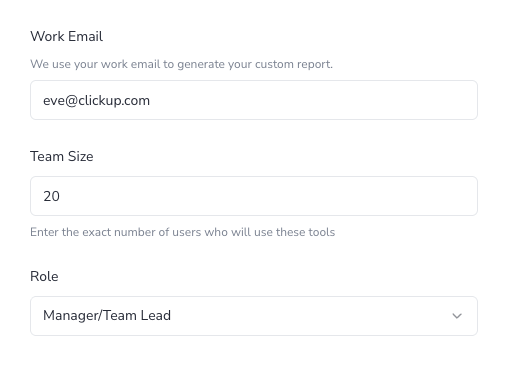 Form fields for work email, team size, and role