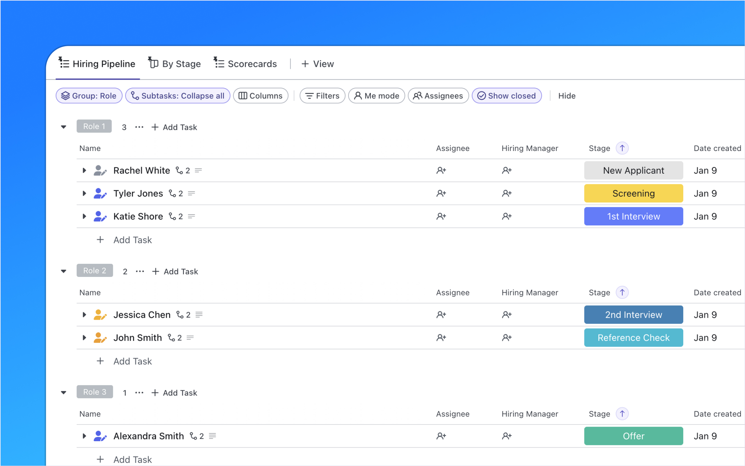 Quick Start templates are designed to help you get up and running with ClickUp faster. This one features management of job postings, candidate tracking, new hire onboarding, performance reviews, an example employee handbook, and a team wiki to foster knowledge sharing. Enhance HR processes and cultivate a thriving workplace!