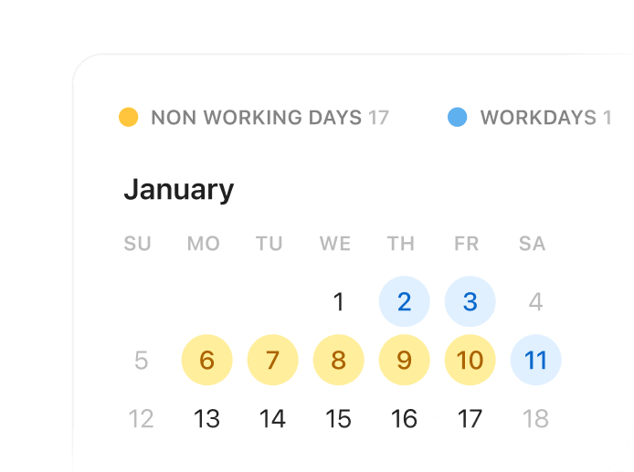 Image of a January calendar with non-workdays highlighted in yellow and workdays highlighted in blue.