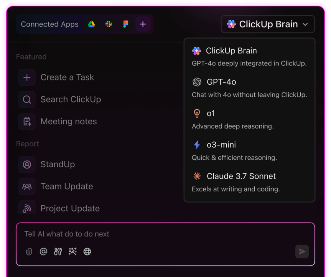 A dropdown menu titled 'ClickUp Brain' shows a list of AI features including direct access to AI Models like ClickUp Brain, GPT-4o, o1, o3-mini, and Claude 3.7 Sonnet.
