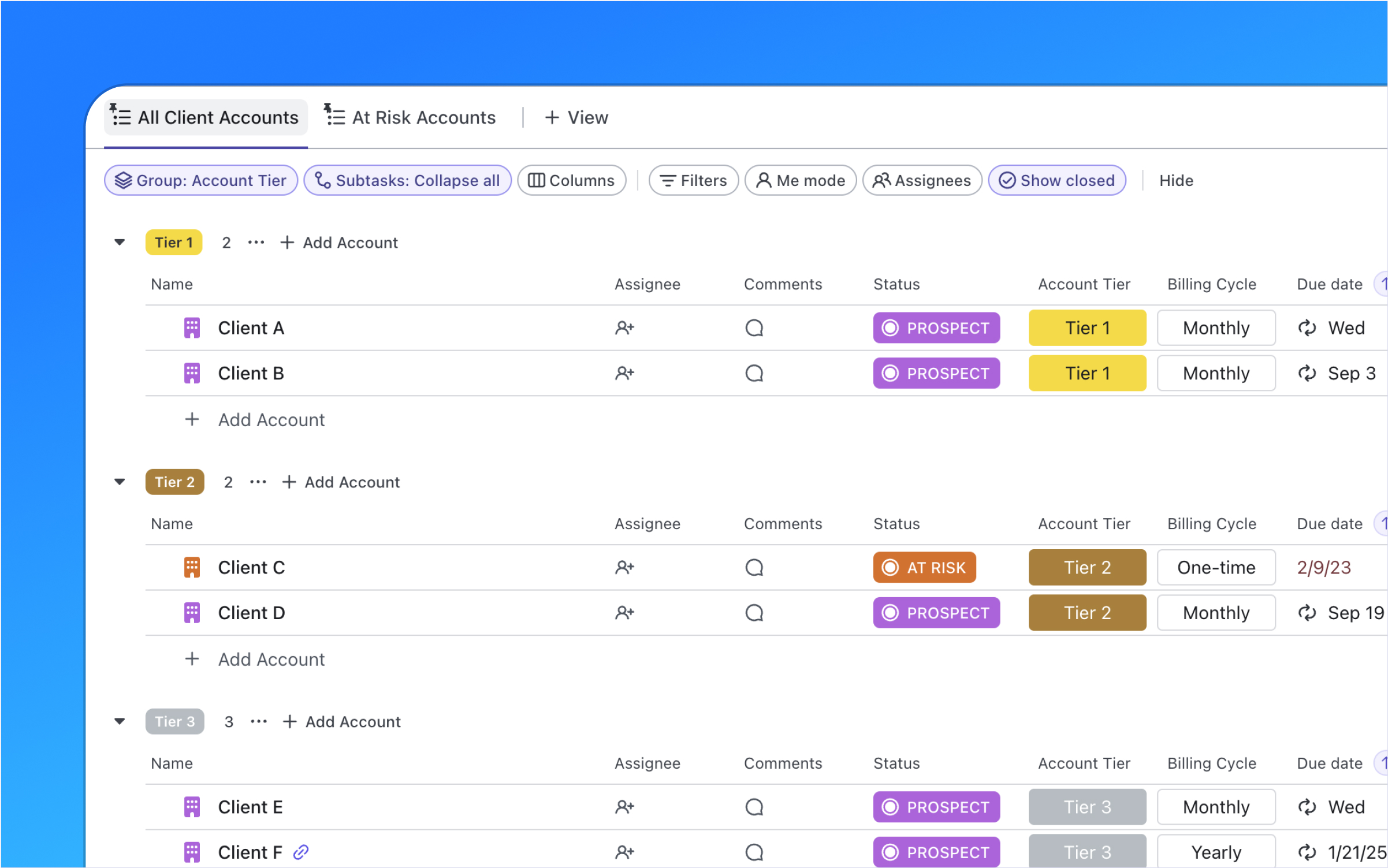 Quick Start templates are designed to help you get up and running with ClickUp faster. This one features client account management, scoping requests, a project portfolio to track progress, an example project for reference, and a team wiki to foster knowledge sharing. Simplify your workflow and deliver exceptional client experiences!