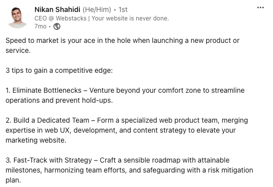 Webstack CEO Nikan Shahidi LI post