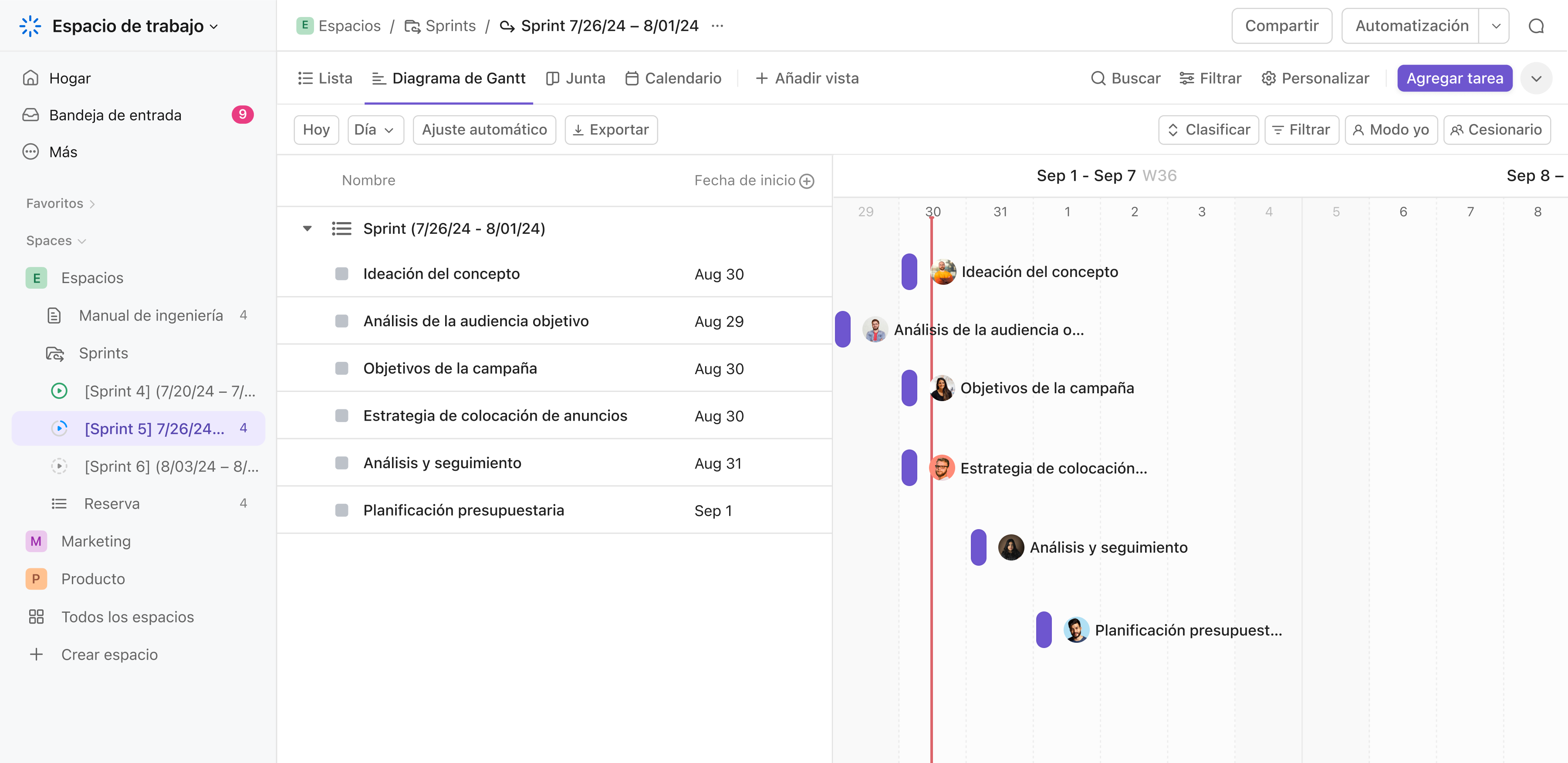 Gantt view - Spanish