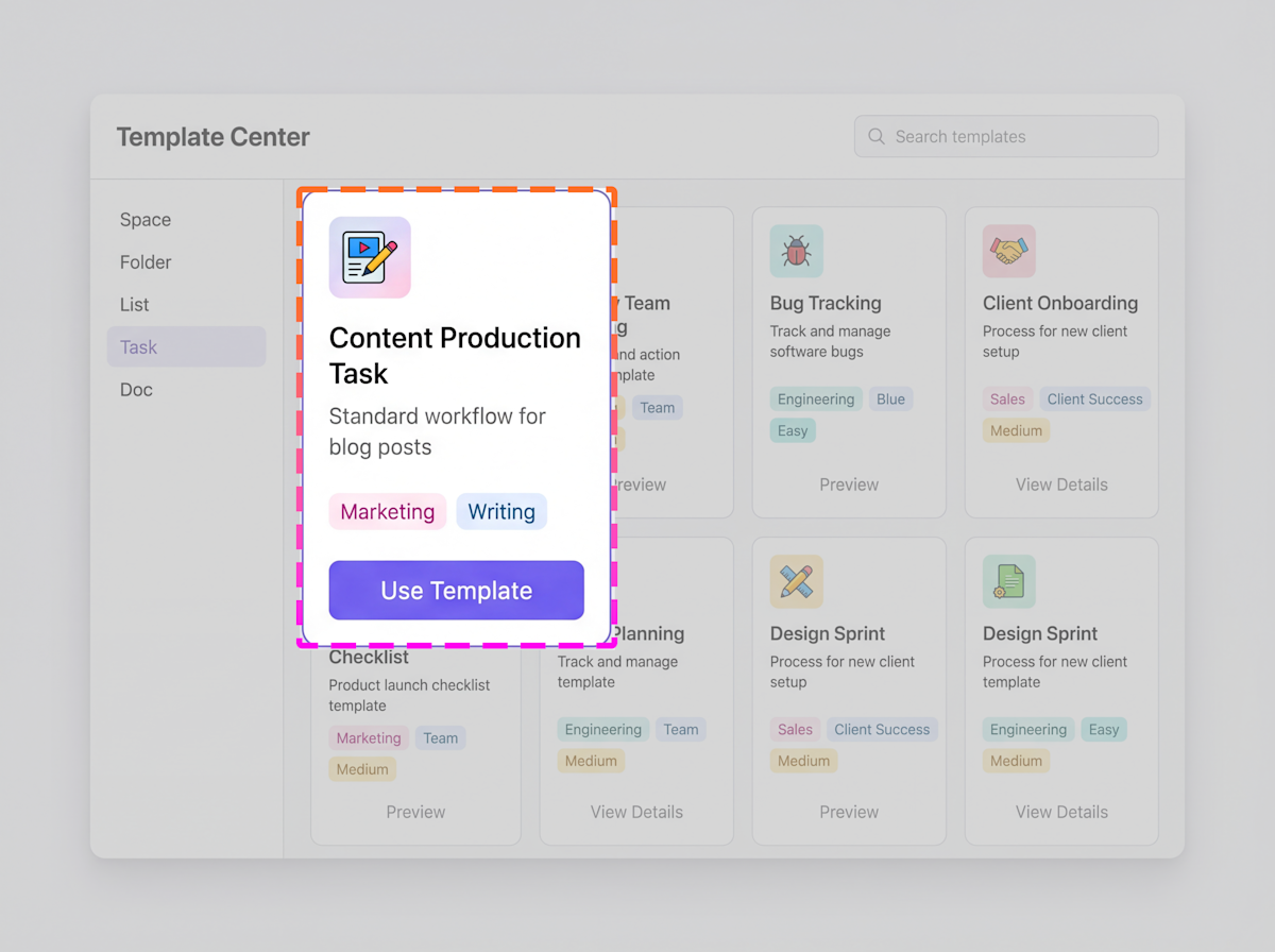 ClickUp Template Center with a reusable content production task template