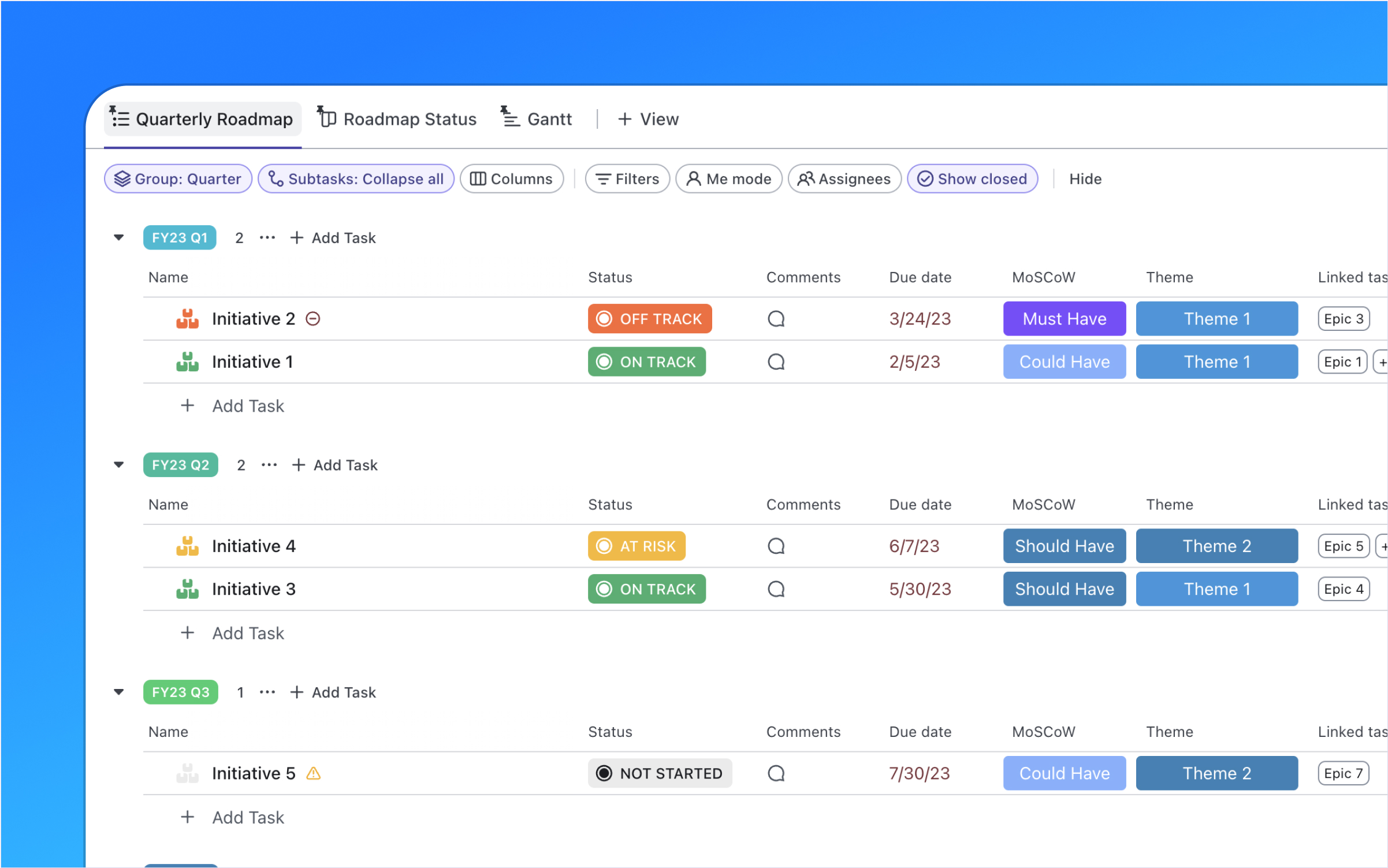 Quick Start templates are designed to help you get up and running with ClickUp faster. This one features management of a product roadmap, product backlog, reported bugs, agile software development using sprints or Kanban, retrospectives, and a team wiki to foster knowledge sharing. Boost productivity and drive successful product development!