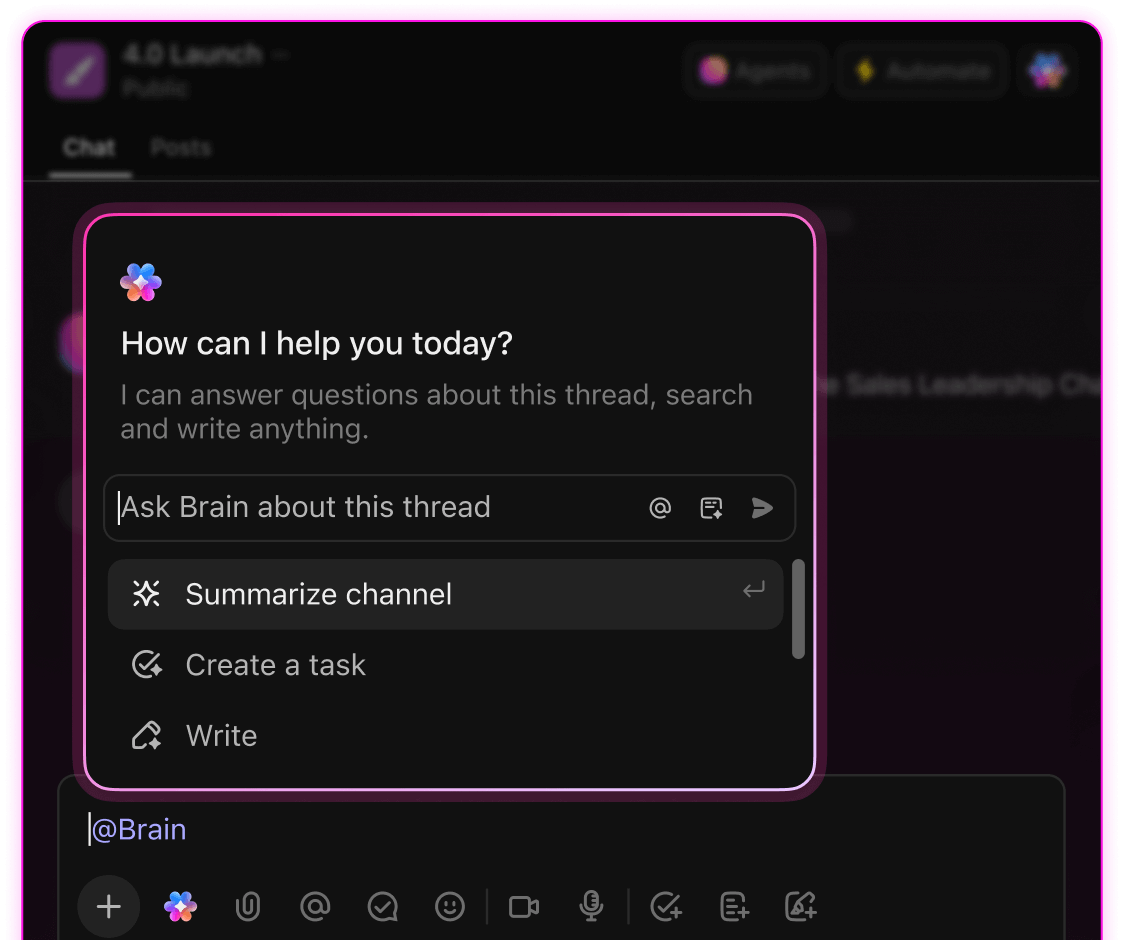 A pop-up window titled 'How can I help you today?' with options to ask about the thread, summarize the channel, create a task, or write.