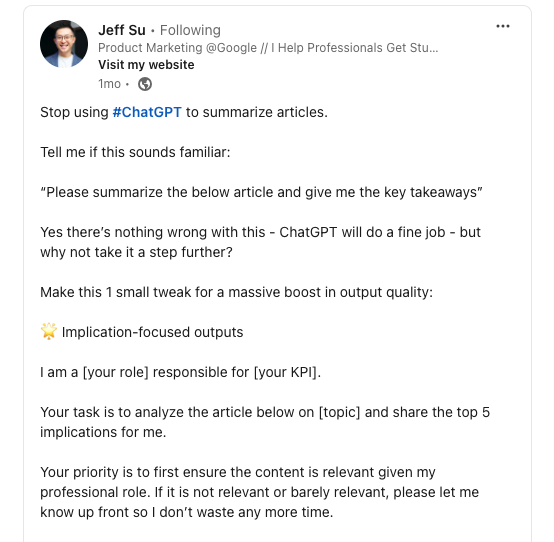 Jeff Su Google LinkedIn Post