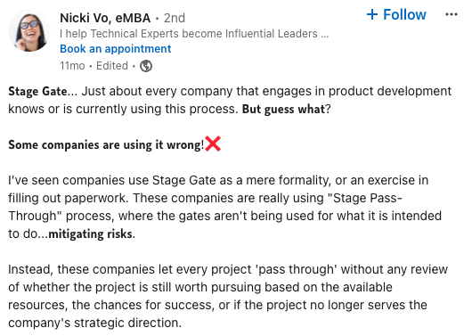 Nicki Vo Stage Gate LinkedIn Post