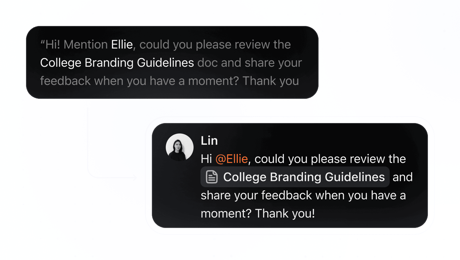 Context-aware mentions and links illustration showing AI automatically connecting mentions and documents
