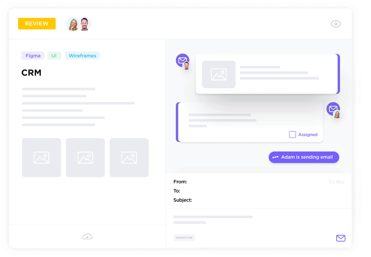 Receive and manage your emails directly within ClickUp. Link them to related work items, notify or assign your team, and always stay one step ahead in your follow-up.