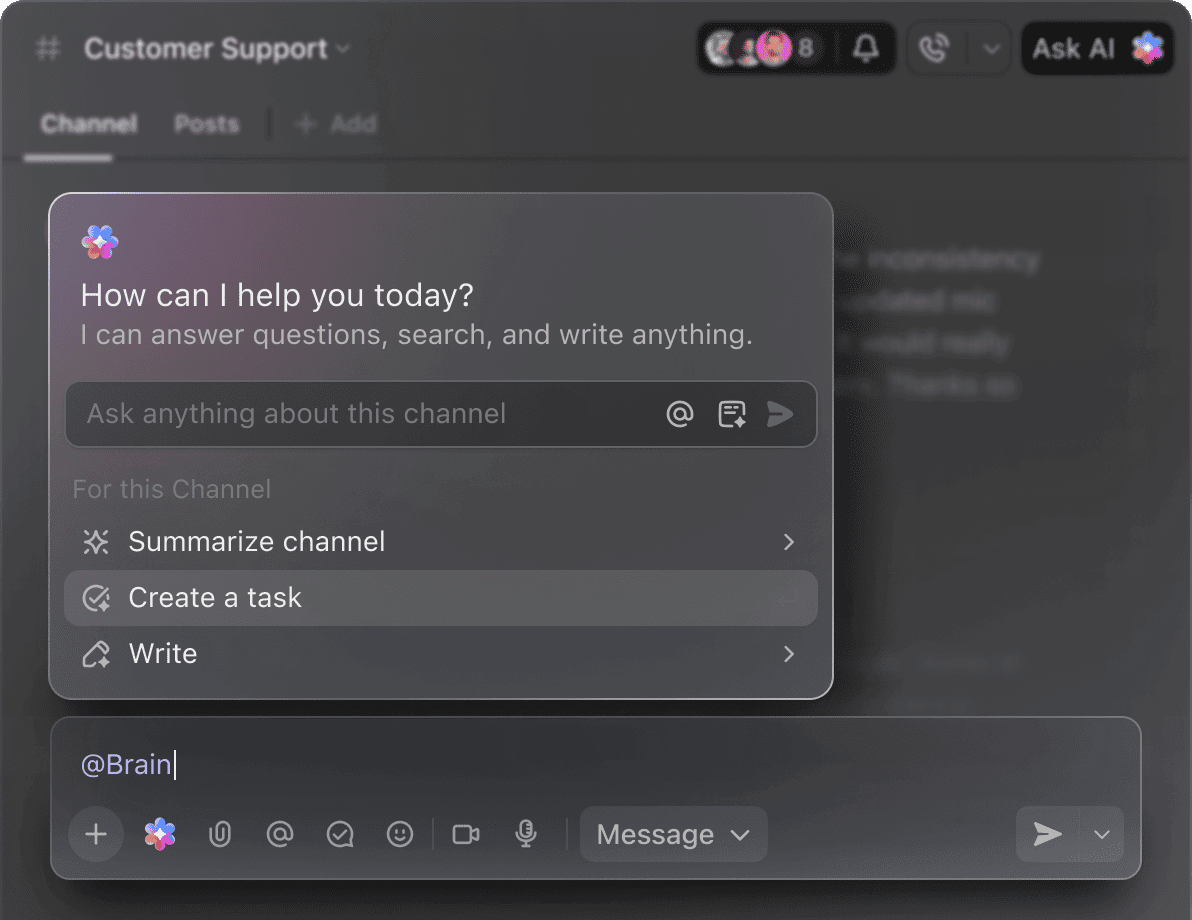 A pop-up window titled 'How can I help you today?' with options to ask about the thread, summarize the channel, create a task, or write.