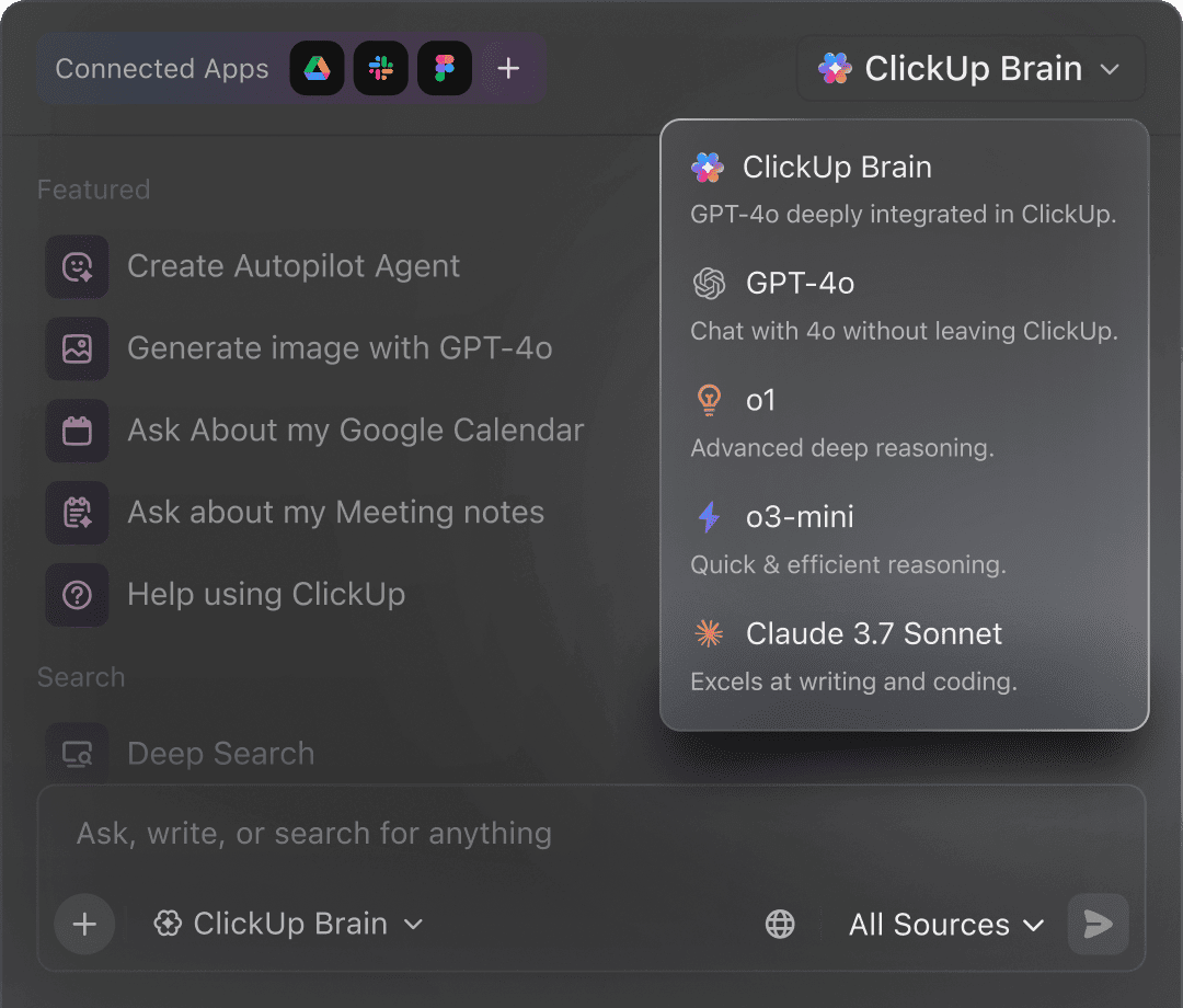 A dropdown menu titled 'ClickUp Brain' shows a list of AI features including direct access to AI Models like ClickUp Brain, GPT-4o, o1, o3-mini, and Claude 3.7 Sonnet.