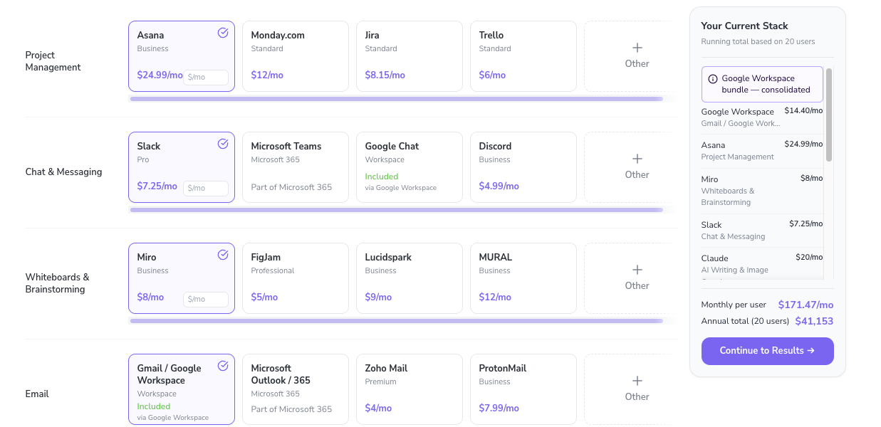 Tool selection interface showing categories like Project Management, Chat, and Whiteboards