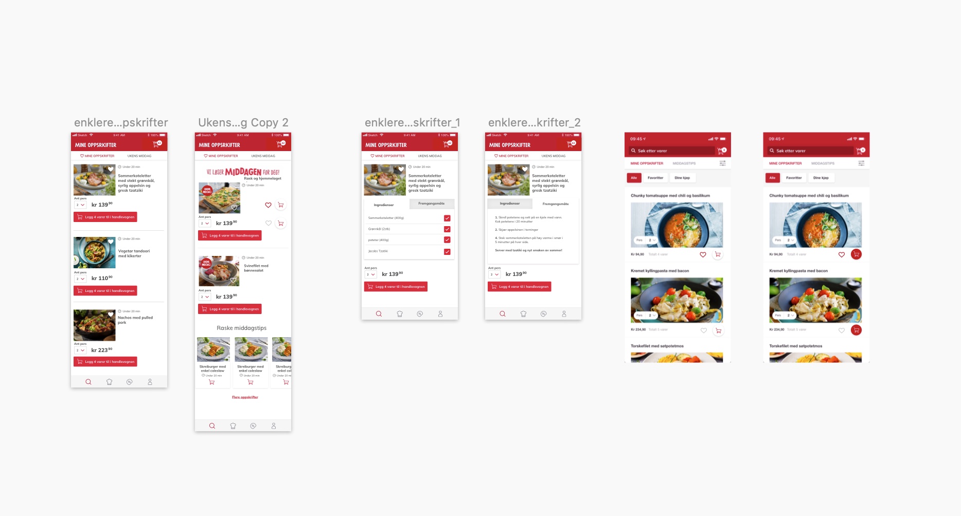Screenshots of the Meny-app, shown on an iphone.
