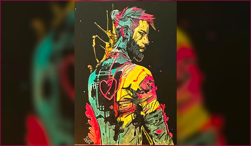 Temporary placeholder capture for Neon Pilgrim, showing a cyberpunk figure in profile with teal, yellow, black, and hot pink markings.