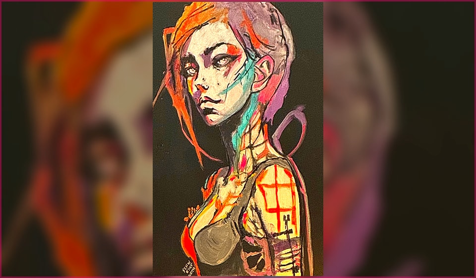 Temporary placeholder capture for Static Bloom, showing a cyberpunk portrait artwork with orange hair, cyan markings, and black negative space.