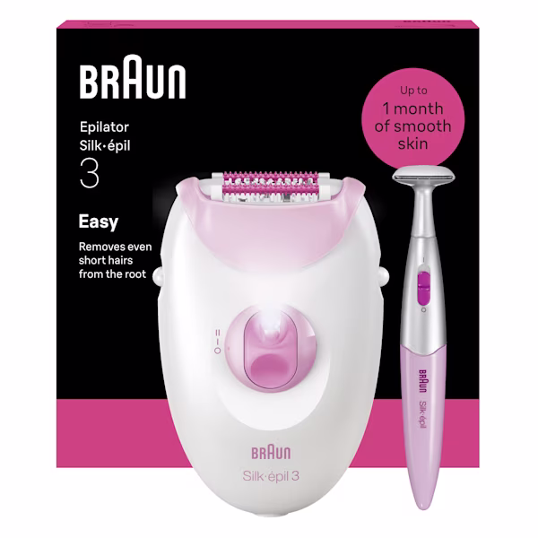 Produktåtergivning framifrån av Silk·épil 3 och bikinitrimmer med förpackning tagen bakom återgivning på vit bakgrund. Produktåtergivning framifrån av Silk·épil 3 och bikinitrimmer med förpackning tagen bakom återgivning på vit bakgrund.