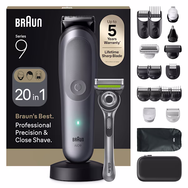 Braun Series 9 20-i-1 elektrisk trimmer och tillbehör visas med sin förpackning. Braun Series 9 20-i-1 elektrisk trimmer och tillbehör visas med sin förpackning.