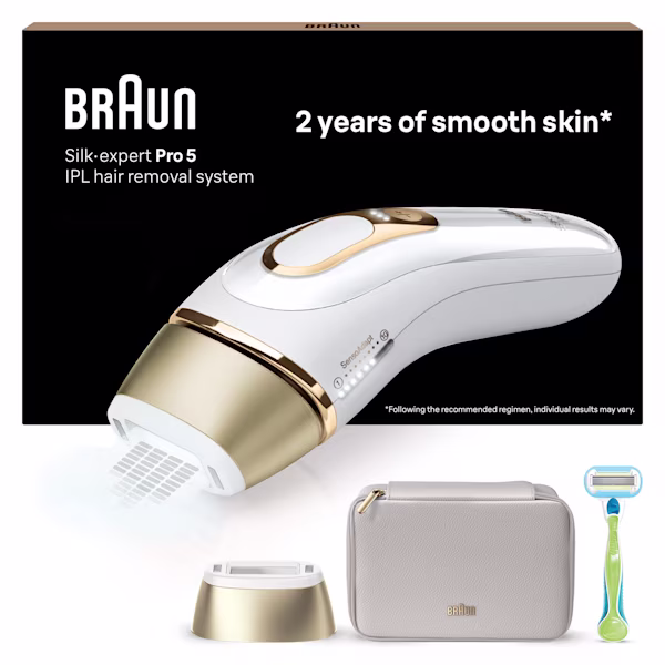 Centrerad IPL-enhet, med grå påse, ett tillbehör och Gillette Venus Extra smooth rakhyvel. Centrerad IPL-enhet, med grå påse, ett tillbehör och Gillette Venus Extra smooth rakhyvel.