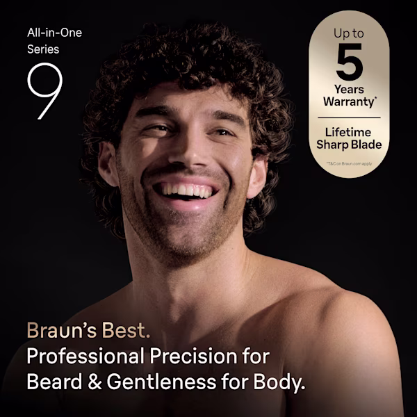 Man ler med Braun All-in-One Series 9, som lyfter fram precisionsvård och skonsam kroppsvård. Man ler med Braun All-in-One Series 9, som lyfter fram precisionsvård och skonsam kroppsvård.