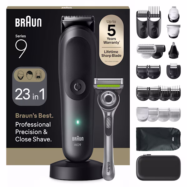 Braun Series 9 23-i-1 elektriskt grooming-kit med en trimmer, en Gillette-rakapparat, flera tillbehörshuvuden och ett resefodral. Braun Series 9 23-i-1 elektriskt grooming-kit med en trimmer, en Gillette-rakapparat, flera tillbehörshuvuden och ett resefodral.