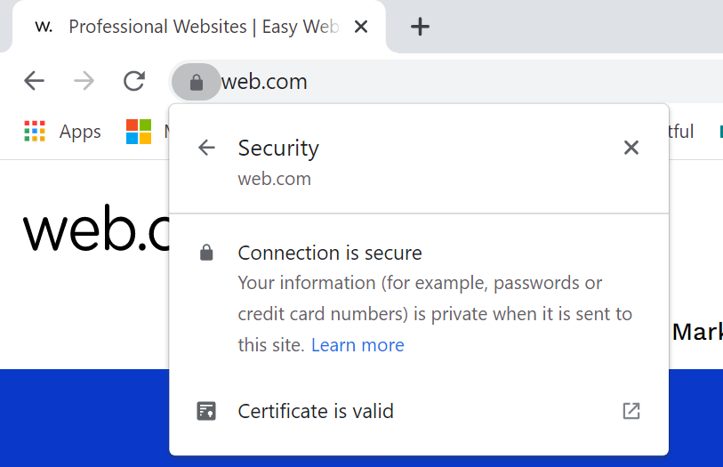 Screenshot of Web.com's padlock bar on the URL indicating that the connection is secure.