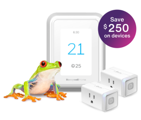 A frog is standing next to a smart thermostat and two smart plugs, displaying a roundel that says, Save $250 on devices.