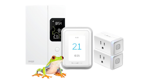 A frog is standing next to various SmartEnergy devices.