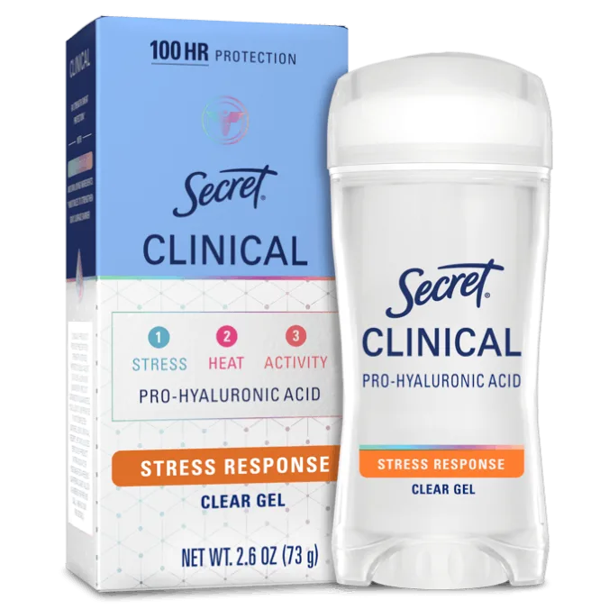 Secret Clinical Stress Response Clear Gel features Pro-Hyaluronic Acid for 100 hours of protection against stress, heat, and activity