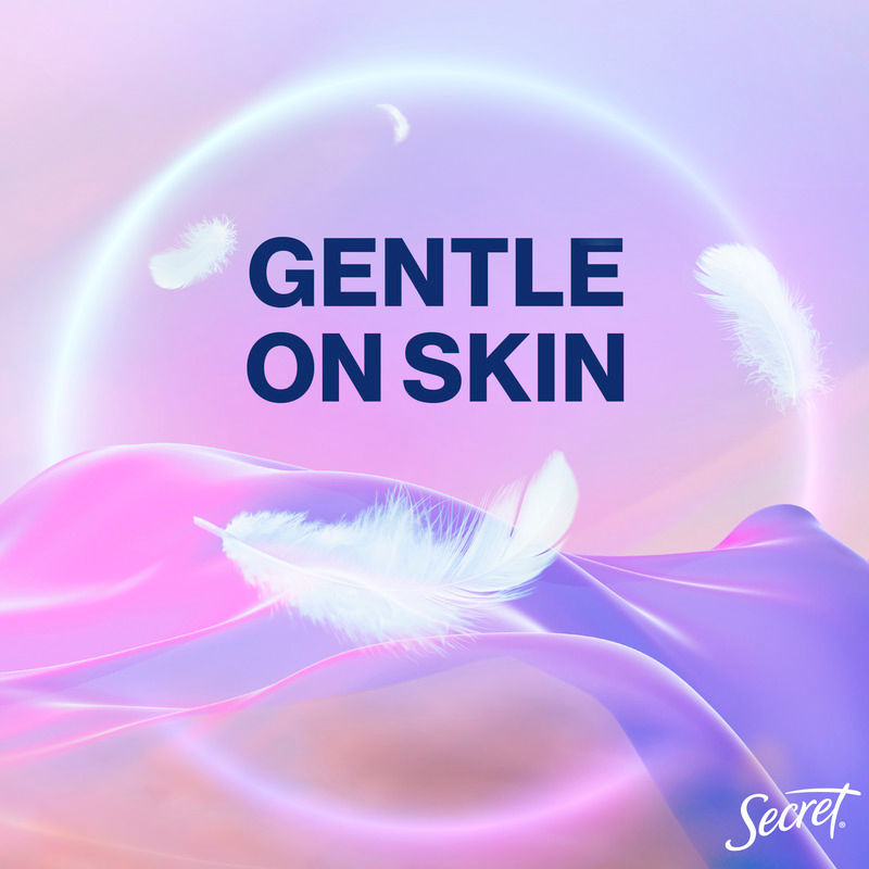 Soft pastel colors with feathers and gentle waves, highlighting a message about being gentle on skin, representing soothing comfort