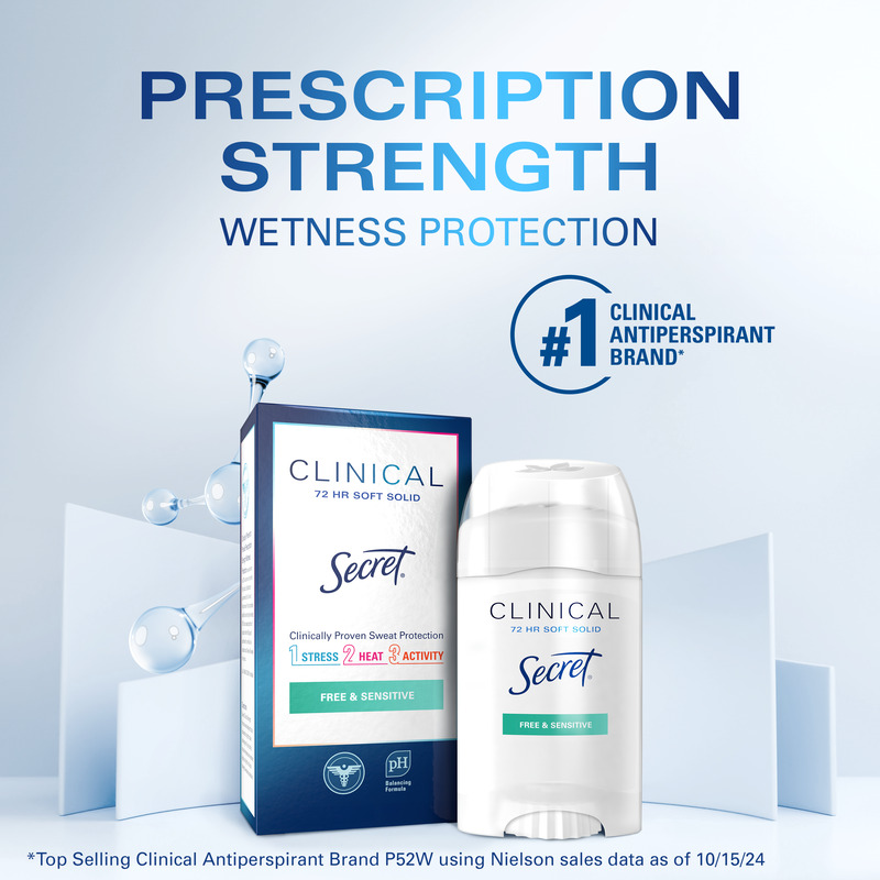 Secret Prescription strength antiperspirant providing 72-hour wetness protection for sensitive skin, featuring a soft solid formula