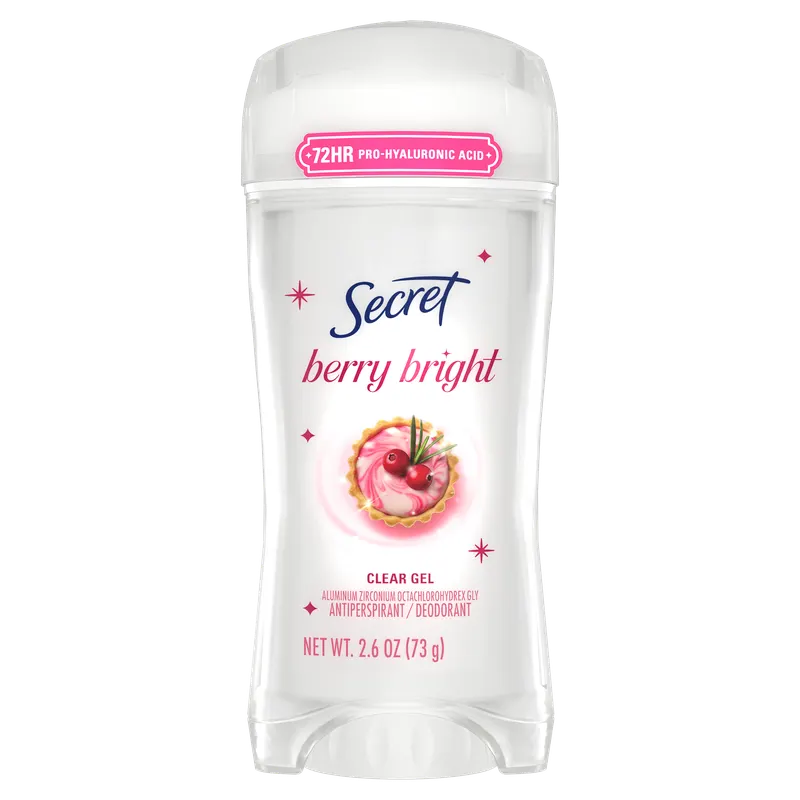 Secret Berry Bright clear gel antiperspirant with berries and pie visual elements for freshness