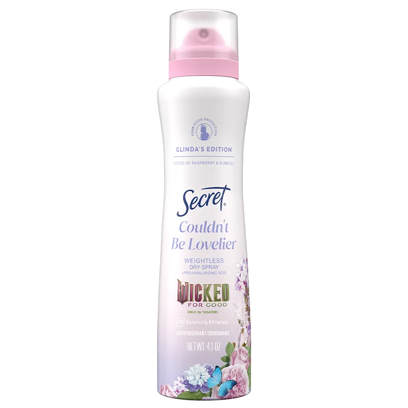 Secret Couldn't Be Lovelier Antiperspirant spray in Glinda's Edition with a raspberry scent offering 24/7 protection in a limited edition design