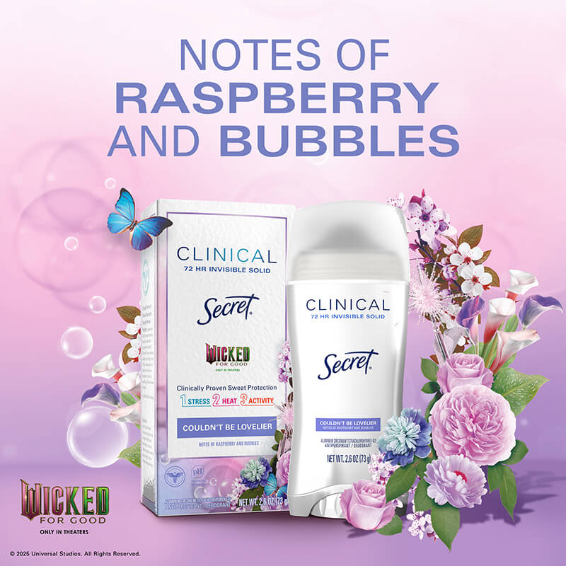 Deodorant featuring raspberry and bubble notes with floral elements, showcasing Secret Clinical 72 HR Invisible Solid products