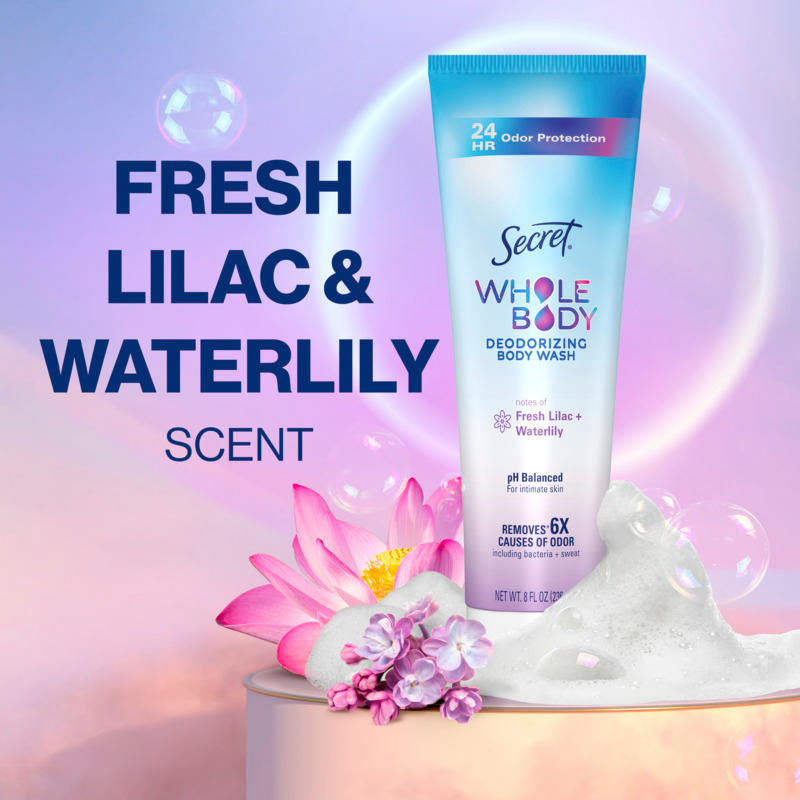 Body wash featuring fresh lilac and waterlily scent with floral accents and bubbles in a vibrant background