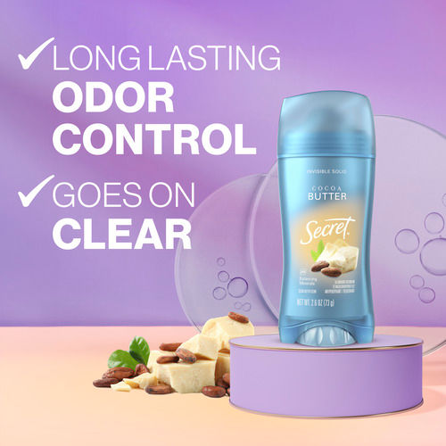 Long lasting odor control, goes on clear. Cocoa butter deodorant by Secret on a pastel background, on a purple background next to coconut shavings