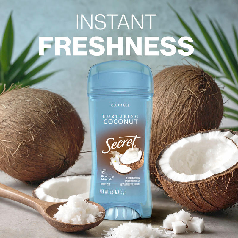 Secret clear gel deodorant titled Nurturing Coconut placed beside whole and halved coconuts, emphasizing instant freshness and natural ingredients