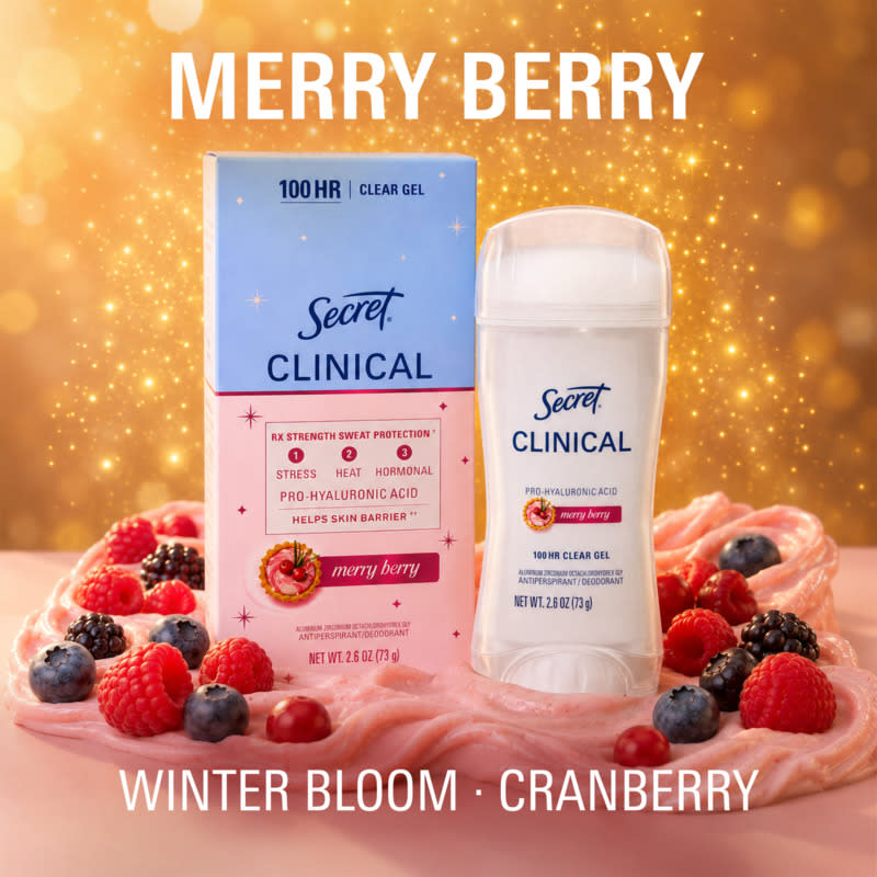 Secret Clinical Merry Berry deodorant surrounded by berries with a sparkling background and light effects