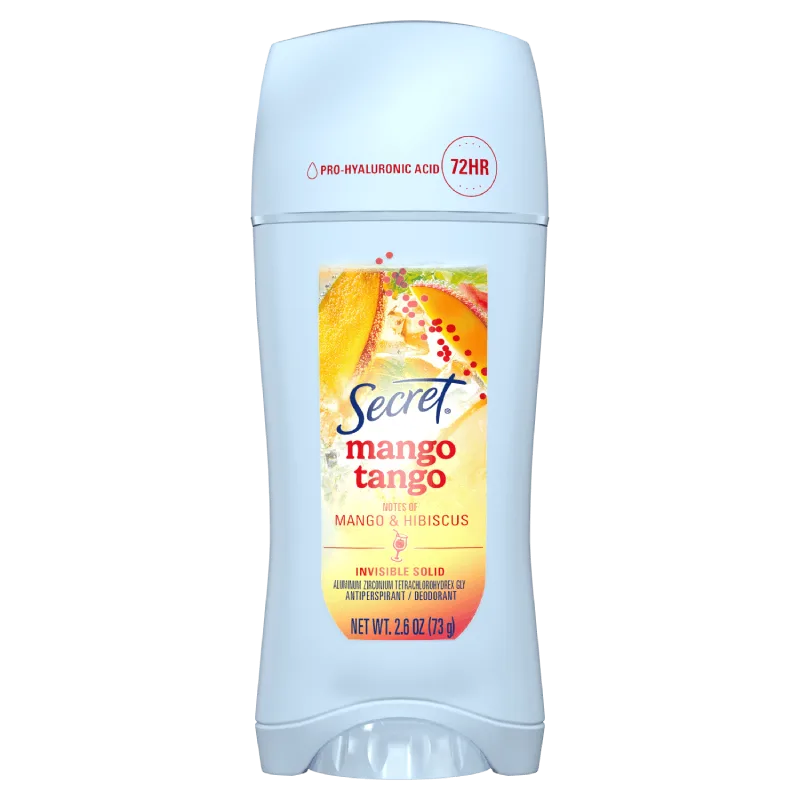 Secret Mango Tango deodorant stick offers 72-hour protection with notes of mango and hibiscus for a fresh and fruity scent