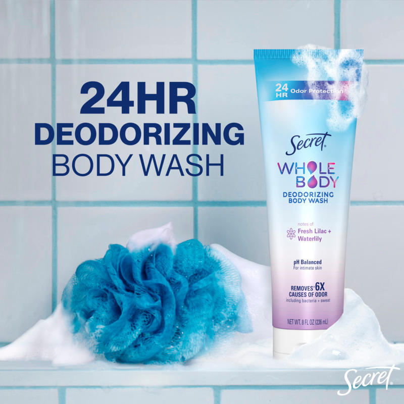 24HR deodorizing body wash by Secret featuring fresh lilac and waterlily notes in a bathroom setting