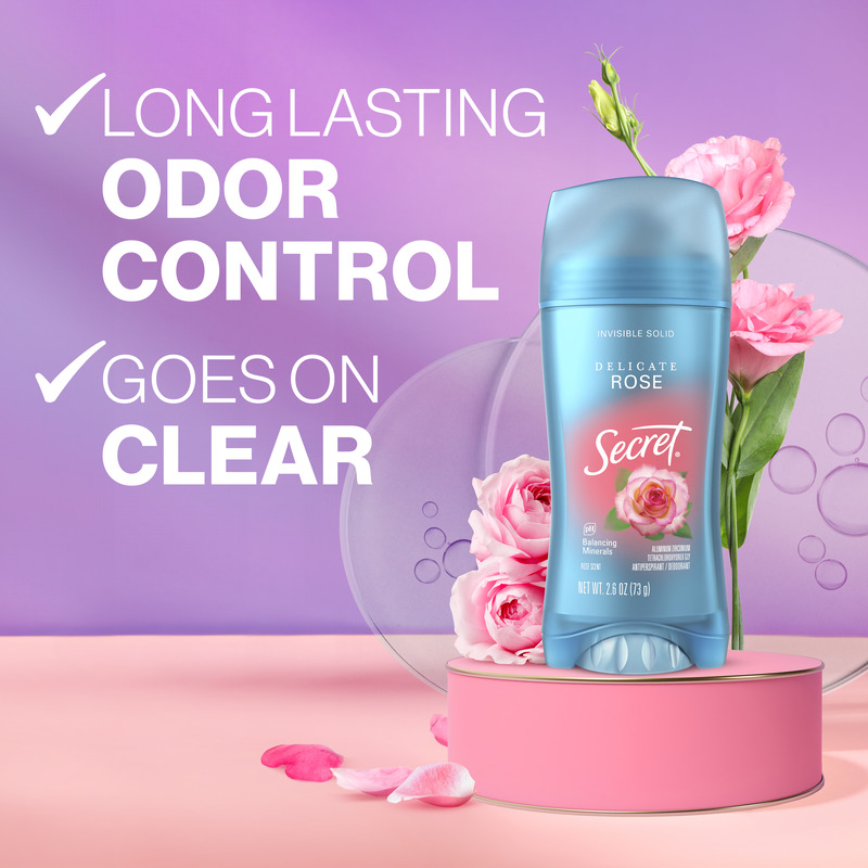 Secret deodorant stick with a delicate rose theme, showcasing features of long-lasting odor control and clear application