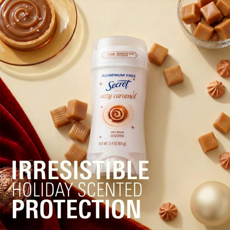 Cozy caramel deodorant with holiday-themed candies and elegant red fabric, showcasing festive scent protection