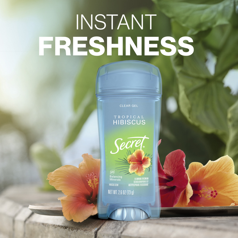 Instant freshness. Secret clear gel deodorant  with a hibiscus flower, surrounded by lush green leaves