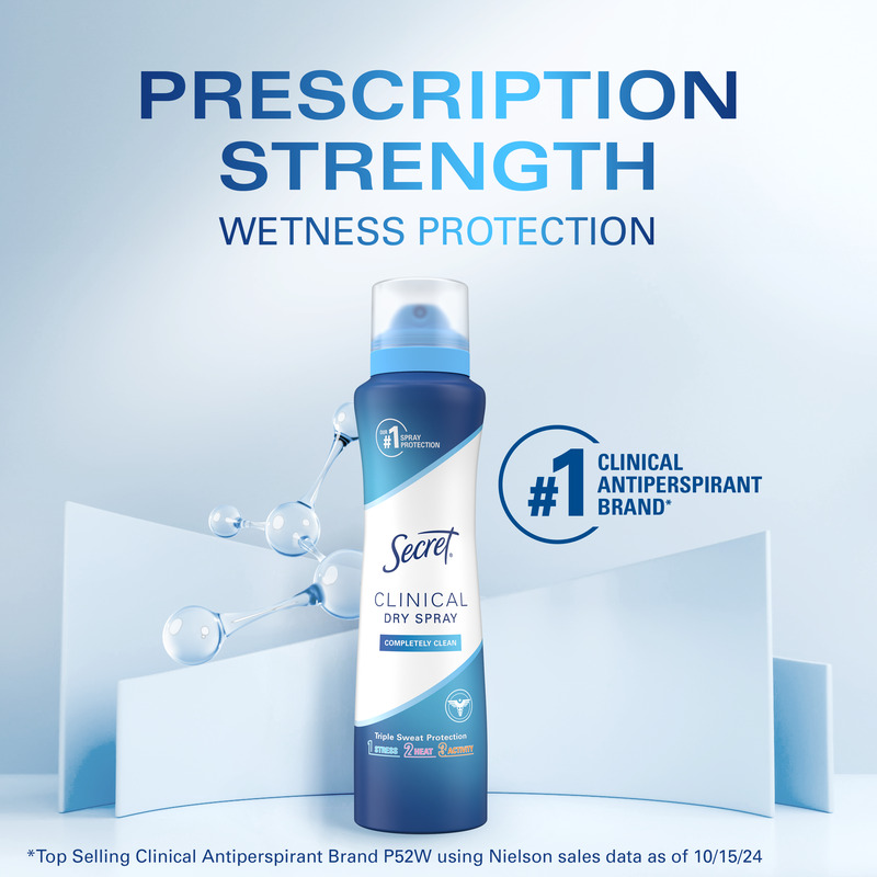 Prescription strength Secret Clinical Dry Spray antiperspirant for effective wetness protection, offering triple sweat defense in a clean formula
