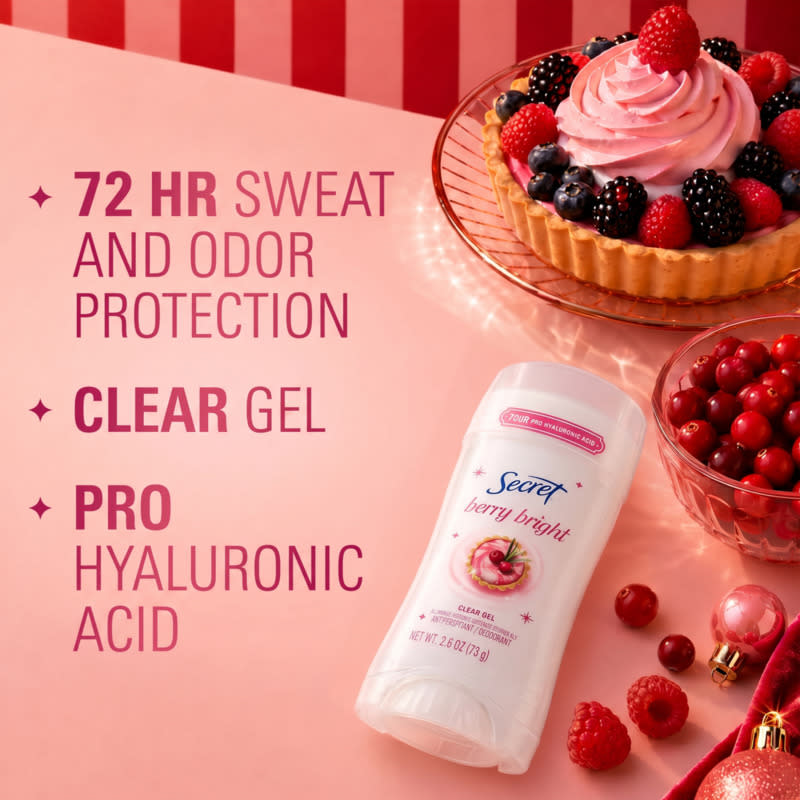 Secret Berry Bright deodorant with a pink background, showcasing features and fresh berries around the product