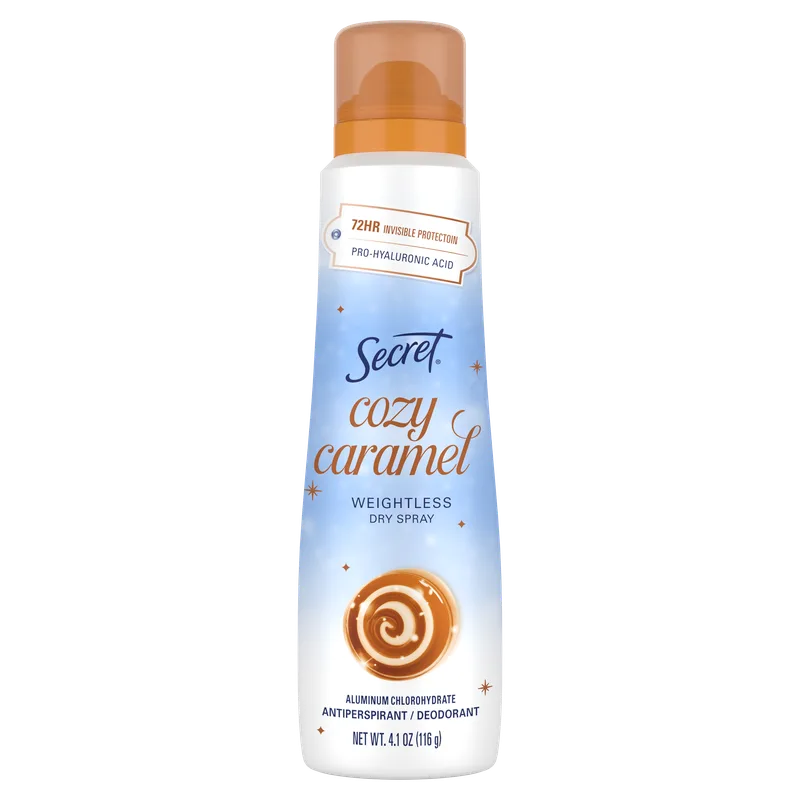 Secret Cozy Caramel Weightless Dry Spray with vanilla and cinnamon accents, designed for 72-hour protection