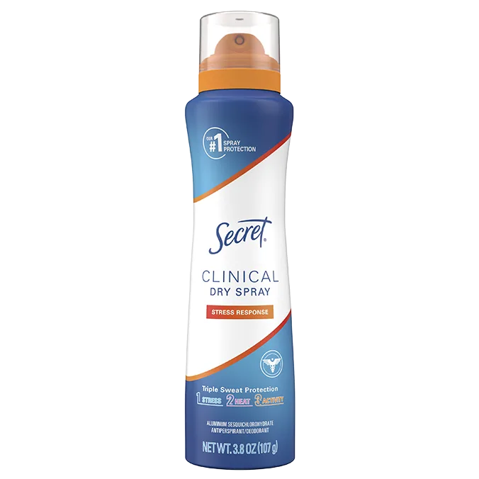 Secret Clinical dry spray, 72 hour sweat protection, stress response, packagin