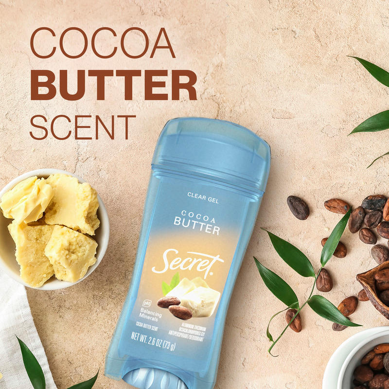 Cocoa butter scented deodorant with Secret clear gel formula, surrounded by cocoa beans and shea butter, showcasing natural skincare ingredients